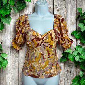 Nine West Floral Twist Front Smocked Blouse Sz XS Puff Sleeve Top Sweetheart